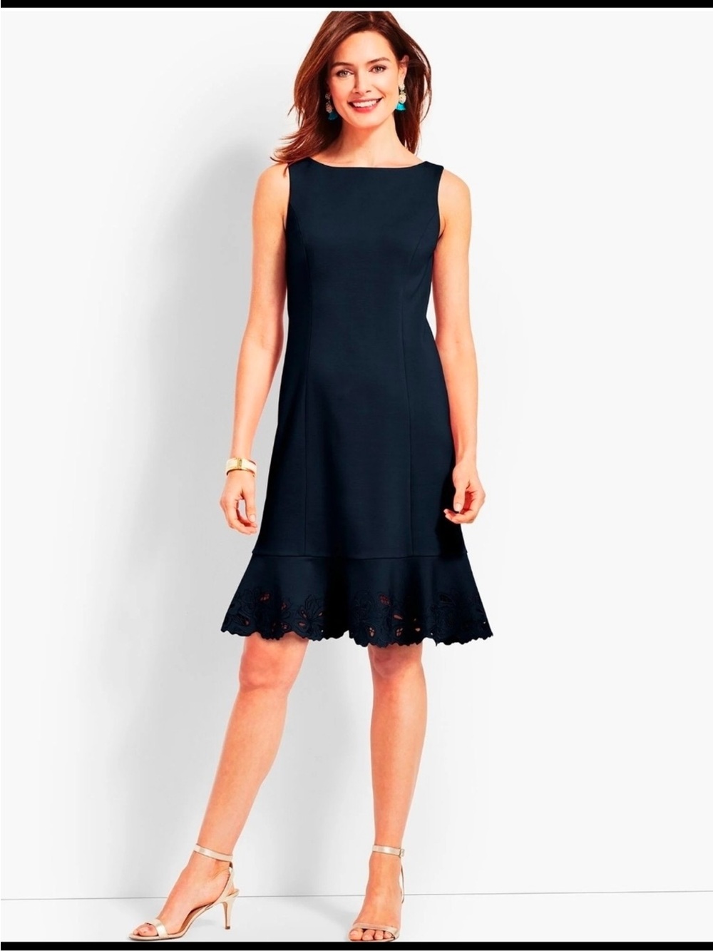 RSVP by Talbots Ponte Embroidered Flounce Sheath Dress, Navy, Size 4P, Like New